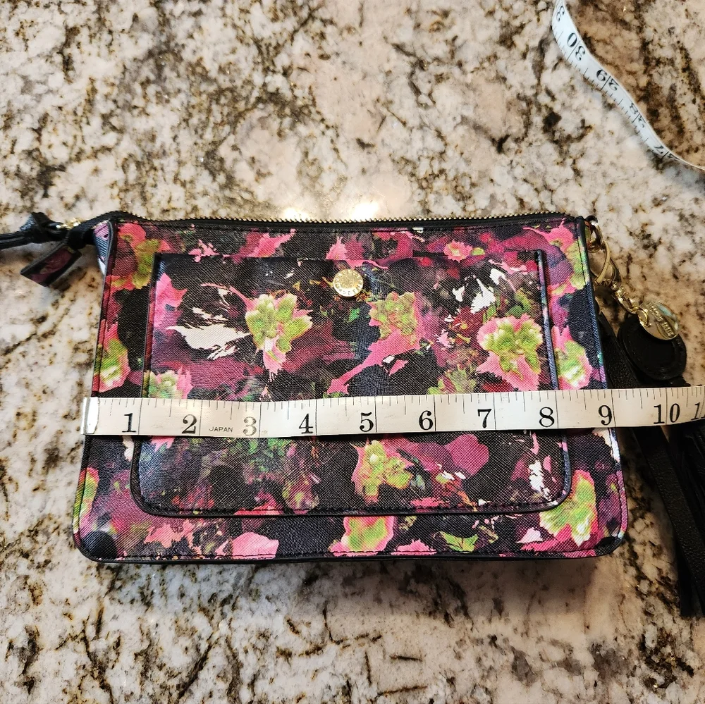 Steve Madden Wristlet, Black Pink Floral Clutch Wallet EUC Tassel Vegan Leather